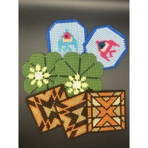 Vintage Mug Rug Coaster Mixed Lot Of 7 Fish Lily Pad Brown Tan Green Blue Pink